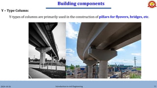 Building components
2024-10-26 Introduction to civil Engineering 77
Y – Type Column:
Y-types of columns are primarily used in the construction of pillars for flyovers, bridges, etc.
 