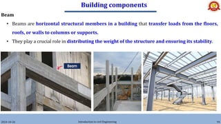 Building components
2024-10-26 Introduction to civil Engineering 94
Beam
• Beams are horizontal structural members in a building that transfer loads from the floors,
roofs, or walls to columns or supports.
• They play a crucial role in distributing the weight of the structure and ensuring its stability.
 