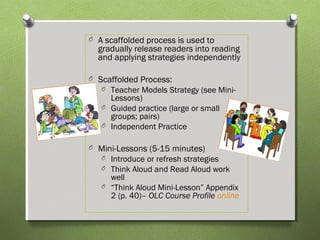 O A scaffolded process is used to
gradually release readers into reading
and applying strategies independently
O Scaffolded Process:
O Teacher Models Strategy (see Mini-
Lessons)
O Guided practice (large or small
groups; pairs)
O Independent Practice
O Mini-Lessons (5-15 minutes)
O Introduce or refresh strategies
O Think Aloud and Read Aloud work
well
O “Think Aloud Mini-Lesson” Appendix
2 (p. 40)– OLC Course Profile online
 