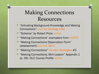 Making Connections
Resources
O “Activating Background Knowledge and Making
Connections” Live Ink Strategy LM2
O “Schema” by Robert Price online
O “Making Connections” exemplars from FORPD
O “Making Connections Observation Form”
(assessment) Live Ink AM 2
O “Making Connections” Sinclair Strategies #3
O “Making Connections; Mini-Lesson” Appendix 1
(p. 39)- OLC Course Profile online
 