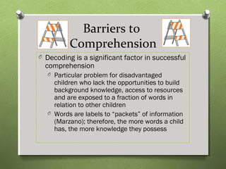 Barriers to
Comprehension
O Decoding is a significant factor in successful
comprehension
O Particular problem for disadvantaged
children who lack the opportunities to build
background knowledge, access to resources
and are exposed to a fraction of words in
relation to other children
O Words are labels to “packets” of information
(Marzano); therefore, the more words a child
has, the more knowledge they possess
 