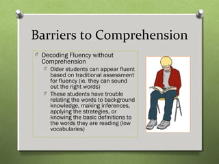 Barriers to Comprehension
O Decoding Fluency without
Comprehension
O Older students can appear fluent
based on traditional assessment
for fluency (ie. they can sound
out the right words)
O These students have trouble
relating the words to background
knowledge, making inferences,
applying the strategies, or
knowing the basic definitions to
the words they are reading (low
vocabularies)
 