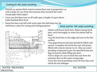  Provide 25-40mm thick cement mortar base coat in proportion 1:4
with a slope of 1:100 from the entrance door towards the water
escape pipe (drain pipe).
 Carry out this base coat on all walls upto a height of 45cm above
toilet finished floor level
 Keep this base coat full with water upto the slab drop top, for
minimum 4 days for curing and testing purposes.
WATER PROOFING WC WATER
PROOFING
Coating for WC water-proofing
•Select well burnt brick bats. Before laying brick
bats, sock thoroughly in water for atleast half an
hour.
•Lay the brick bat on the edge and not on the flat
surface.
•Any gaps between the bats should be filled with
mortar. Complete the brick bat coat with joints
filled with cement mortar in 1:6. Also use water-
proofing compound as per the specified dose per
bag of cement while filling the joint.
•Give a slope of 1:100 in brick bat coat from the
entrance door to the water escape pipe.
•Cure the coat by ponding water for four days and
check for any leakages.
Brick coat for WC water-proofing
 