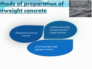 ethods of preparation of
htweight concrete
3.Providing lightweight
aggregate concrete
1.Preparation of porous
concrete
2.Without providing
concrete smoother
(rough concrete)
 