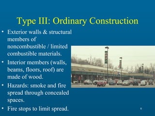 Type III: Ordinary Construction
• Exterior walls & structural
members of
noncombustible / limited
combustible materials.
• Interior members (walls,
beams, floors, roof) are
made of wood.
• Hazards: smoke and fire
spread through concealed
spaces.
• Fire stops to limit spread.

6

 