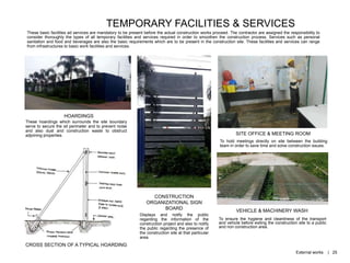 TEMPORARY FACILITIES & SERVICES
These basic facilities ad services are mandatory to be present before the actual construction works proceed. The contractor are assigned the responsibility to
consider thoroughly the types of all temporary facilities and services required in order to smoothen the construction process. Services such as personal
sanitation and food and beverages are also the basic requirements which are to be present in the construction site. These facilities and services can range
from infrastructures to basic work facilities and services.
HOARDINGS
These hoardings which surrounds the site boundary
serve to secure the sit perimeter and to prevent noise
and also dust and construction waste to obstruct
adjoining properties
CROSS SECTION OF A TYPICAL HOARDING
CONSTRUCTION
ORGANIZATIONAL SIGN
BOARD
Displays and notify the public
regarding the information of the
construction project and also to notify
the public regarding the presence of
the construction site at that particular
area.
SITE OFFICE & MEETING ROOM
To hold meetings directly on site between the building
team in order to save time and solve construction issues.
VEHICLE & MACHINERY WASH
To ensure the hygiene and cleanliness of the transport
and vehicle before exiting the construction site to a public
and non construction area.
External works | 25
 