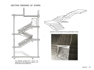 The staircase connects the 3 floors. The
construction of the staircase is easy as it is
continuous from the lowest level.
Stairwell is formed between the two parallel flight of stairs.
STAIRWELL
STAIRWELL
SECTION DRAWING OF STAIRS
staircase | 58
 