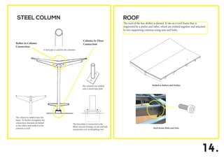 14.
STEEL COLUMN ROOF
The roof of the bus shelter is slanted. It sits on a roof frame that is
supported by a purlin and rafter, which are welded together and attached
to two supporting columns using nuts and bolts.
A steel pipe is used for the columns
The column is welded onto the
beam. To further strengthen the
connection, brackets are bolted
to the rafters and welded to the
columns as well
The base plate is connected to the
lifted concrete footing via nut and bolt
connection is to avoid getting rust
The columns are welded
onto a metal base plate
Rafter-to Column
Connection
Column-to-Floor
Connection
Welded to Rafters and Purlins
Steel Socket Bolts and Nuts
 
