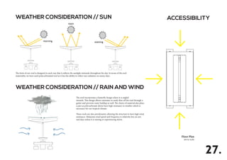morning
noon
evening
The form of our roof is designed in such way that it reflects the sunlight outwards throughout the day. In terms of the roof
materiality, we have used polycarbonated roof as it has the ability to reflect sun radiation on sunny days.
WEATHER CONSIDERATION // SUN
WEATHER CONSIDERATION // RAIN AND WIND
Floor Plan
not to scale
ACCESSIBILITY
The roof incorporates a butterfly design where it is angled
inwards. This design allows rainwater to easily flow off the roof through a
gutter and prevents water buildup as well. The choice of material also plays
a part as polycarbonate sheets have high resistance to weather which is
necessary for our tropical climate.
These roofs are also aerodynamic allowing the structure to have high wind
resistance. Malaysia’s wind speed and frequency is relatively low on nor-
mal days unless it is raining or experiencing storm.
27.
 