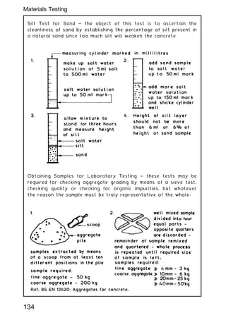 Silt Test for Sand ~ the object of this test is to ascertain the
cleanliness of sand by establishing the percentage of silt present in
a natural sand since too much silt will weaken the concrete
Obtaining Samples for Laboratory Testing ~ these tests may be
required for checking aggregate grading by means of a sieve test,
checking quality or checking for organic impurities, but whatever
the reason the sample must be truly representative of the whole:
134
Materials Testing
 
