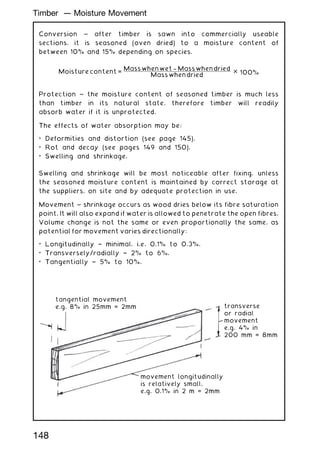Conversion ~ after timber is sawn into commercially useable
sections, it is seasoned (oven dried) to a moisture content of
between 10% and 15% depending on species.
Moisture content =
Masswhenwet -
- Masswhendried
Masswhendried  100%
Protection ~ the moisture content of seasoned timber is much less
than timber in its natural state, therefore timber will readily
absorb water if it is unprotected.
The effects of water absorption may be:
• Deformities and distortion (see page 145).
• Rot and decay (see pages 149 and 150).
• Swelling and shrinkage.
Swelling and shrinkage will be most noticeable after fixing, unless
the seasoned moisture content is maintained by correct storage at
the suppliers, on site and by adequate protection in use.
Movement ~ shrinkage occurs as wood dries below its fibre saturation
point. It will also expand if water is allowed to penetrate the open fibres.
Volume change is not the same or even proportionally the same, as
potential for movement varies directionally:
• Longitudinally † minimal, i.e. 0.1% to 0.3%.
• Transversely/radially † 2% to 6%.
• Tangentially † 5% to 10%.
tangential movement
e.g. 8% in 25mm = 2mm transverse
or radial
movement
e.g. 4% in
200 mm = 8mm
movement longitudinally
is relatively small,
e.g. 0.1% in 2 m = 2mm
148
Timber --- Moisture Movement
 