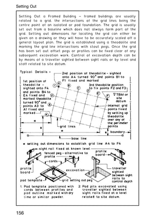 Setting Out a Framed Building ~ framed buildings are usually
related to a grid, the intersections of the grid lines being the
centre point of an isolated or pad foundation. The grid is usually
set out from a baseline which does not always form part of the
grid. Setting out dimensions for locating the grid can either be
given on a drawing or they will have to be accurately scaled off a
general layout plan. The grid is established using a theodolite and
marking the grid line intersections with stout pegs. Once the grid
has been set out offset pegs or profiles can be fixed clear of any
subsequent excavation work. Control of excavation depth can be
by means of a traveller sighted between sight rails or by level and
staff related to site datum.
156
Setting Out
 
