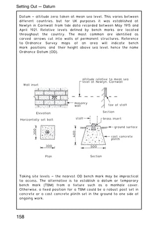 Datum ~ altitude zero taken at mean sea level. This varies between
different countries, but for UK purposes it was established at
Newlyn in Cornwall from tide data recorded between May 1915 and
April 1921. Relative levels defined by bench marks are located
throughout the country. The most common are identified as
carved arrows cut into walls of permanent structures. Reference
to Ordnance Survey maps of an area will indicate bench
mark positions and their height above sea level, hence the name
Ordnance Datum (OD).
Wall inset
altitude relative to mean sea
level at Newlyn, Cornwall
masonry
wall toe of staff
Section
Section
Plan
Elevation
Horizontally set bolt
staff brass insert
ground surface
cast concrete
plinth
500
300
400
300
Taking site levels ~ the nearest OD bench mark may be impractical
to access. The alternative is to establish a datum or temporary
bench mark (TBM) from a fixture such as a manhole cover.
Otherwise, a fixed position for a TBM could be a robust post set in
concrete or a cast concrete plinth set in the ground to one side of
ongoing work.
158
Setting Out --- Datum
 