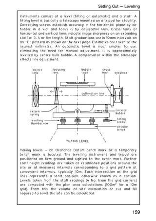 Instruments consist of a level (tilting or automatic) and a staff. A
tilting level is basically a telescope mounted on a tripod for stability.
Correcting screws establish accuracy in the horizontal plane by air
bubble in a vial and focus is by adjustable lens. Cross hairs of
horizontal and vertical lines indicate image sharpness on an extending
staff of 3, 4 or 5 m length. Staff graduations are in 10 mm intervals on
an ``E'' pattern as shown on the next page. Estimates are taken to the
nearest millimetre. An automatic level is much simpler to use,
eliminating the need for manual adjustment. It is approximately
levelled by centre bulb bubble. A compensator within the telescope
effects fine adjustment.
Taking levels ~ an Ordnance Datum bench mark or a temporary
bench mark is located. The levelling instrument and tripod are
positioned on firm ground and sighted to the bench mark. Further
staff height readings are taken at established positions around the
site or at measured intervals corresponding to a grid pattern at
convenient intervals, typically 10m. Each intersection of the grid
lines represents a staff position, otherwise known as a station.
Levels taken from the staff readings (4 No. from the grid corners)
are computed with the plan area calculations (100m2
for a 10m
grid). From this the volume of site excavation or cut and fill
required to level the site can be calculated.
159
Setting Out --- Levelling
 