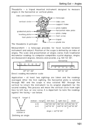 Theodolite † a tripod mounted instrument designed to measure
angles in the horizontal or vertical plane.
The theodolite in principle
Measurement † a telescope provides for focal location between
instrument and subject. Position of the scope is defined by an index of
angles. The scale and presentation of angles varies from traditional
micrometer readings to computer-compatible crystal displays. Angles
are measured in degrees, minutes and seconds, e.g. 165 530
3000
.
Direct reading micrometer scale
Application † at least two sightings are taken and the readings
averaged. After the first sighting, the horizontal plate is rotated
through 180 and the scope is also rotated 180 through the
vertical to return the instrument to its original alignment for the
second reading. This process will move the vertical circle from right
face to left face, or vice versa. It is important to note the readings
against the facing † see below.
161
Setting Out --- Angles
 