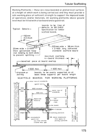 Working Platforms ~ these are close-boarded or plated level surfaces
at a height at which work is being carried out and they must provide a
safe working place of sufficient strength to support the imposed loads
of operatives and/or materials. All working platforms above ground
level must be fitted with a toe board and a guard rail.
175
Tubular Scaffolding
 