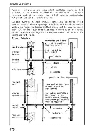 Tying-in ~ all putlog and independent scaffolds should be tied
securely to the building or structure at alternate lift heights
vertically and at not more than 6„000 centres horizontally.
Putlogs should not be classified as ties.
Suitable tying-in methods include connecting to tubes fitted
between sides of window openings or to internal tubes fitted across
window openings; the former method should not be used for more
than 50% of the total number of ties. If there is an insufficient
number of window openings for the required number of ties external
rakers should be used.
176
Tubular Scaffolding
 