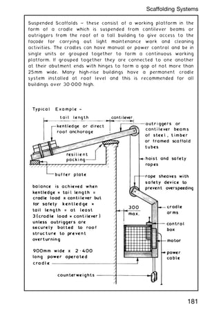 Suspended Scaffolds ~ these consist of a working platform in the
form of a cradle which is suspended from cantilever beams or
outriggers from the roof of a tall building to give access to the
façade for carrying out light maintenance work and cleaning
activities. The cradles can have manual or power control and be in
single units or grouped together to form a continuous working
platform. If grouped together they are connected to one another
at their abutment ends with hinges to form a gap of not more than
25 mm wide. Many high-rise buildings have a permanent cradle
system installed at roof level and this is recommended for all
buildings over 30„000 high.
181
Scaffolding Systems
 