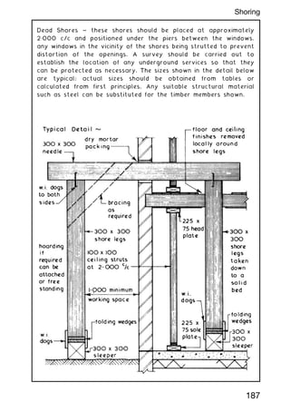 Dead Shores ~ these shores should be placed at approximately
2„000 c/c and positioned under the piers between the windows,
any windows in the vicinity of the shores being strutted to prevent
distortion of the openings. A survey should be carried out to
establish the location of any underground services so that they
can be protected as necessary. The sizes shown in the detail below
are typical; actual sizes should be obtained from tables or
calculated from first principles. Any suitable structural material
such as steel can be substituted for the timber members shown.
187
Shoring
 