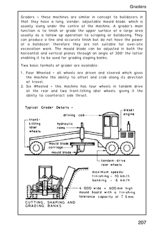 Graders ~ these machines are similar in concept to bulldozers in
that they have a long, slender, adjustable mould blade, which is
usually slung under the centre of the machine. A grader's main
function is to finish or grade the upper surface of a large area
usually as a follow up operation to scraping or bulldozing. They
can produce a fine and accurate finish but do not have the power
of a bulldozer; therefore they are not suitable for over-site
excavation work. The mould blade can be adjusted in both the
horizontal and vertical planes through an angle of 300 the latter
enabling it to be used for grading sloping banks.
Two basic formats of grader are available:
1 . Four Wheeled † all wheels are driven and steered which gives
the machine the ability to offset and crab along its direction
of travel.
2. Six Wheeled † this machine has four wheels in tandem drive
at the rear and two front-tilting idler wheels, giving it the
ability to counteract side thrust.
207
Graders
 