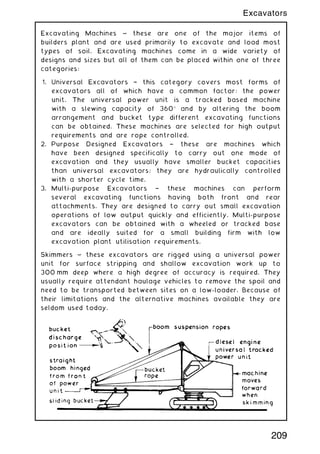 Excavating Machines ~ these are one of the major items of
builders plant and are used primarily to excavate and load most
types of soil. Excavating machines come in a wide variety of
designs and sizes but all of them can be placed within one of three
categories:
1. Universal Excavators † this category covers most forms of
excavators all of which have a common factor: the power
unit. The universal power unit is a tracked based machine
with a slewing capacity of 360 and by altering the boom
arrangement and bucket type different excavating functions
can be obtained. These machines are selected for high output
requirements and are rope controlled.
2. Purpose Designed Excavators † these are machines which
have been designed specifically to carry out one mode of
excavation and they usually have smaller bucket capacities
than universal excavators; they are hydraulically controlled
with a shorter cycle time.
3. Multi-purpose Excavators † these machines can perform
several excavating functions having both front and rear
attachments. They are designed to carry out small excavation
operations of low output quickly and efficiently. Multi-purpose
excavators can be obtained with a wheeled or tracked base
and are ideally suited for a small building firm with low
excavation plant utilisation requirements.
Skimmers ~ these excavators are rigged using a universal power
unit for surface stripping and shallow excavation work up to
300 mm deep where a high degree of accuracy is required. They
usually require attendant haulage vehicles to remove the spoil and
need to be transported between sites on a low-loader. Because of
their limitations and the alternative machines available they are
seldom used today.
209
Excavators
 