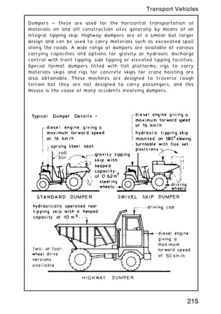 Dumpers ~ these are used for the horizontal transportation of
materials on and off construction sites generally by means of an
integral tipping skip. Highway dumpers are of a similar but larger
design and can be used to carry materials such as excavated spoil
along the roads. A wide range of dumpers are available of various
carrying capacities and options for gravity or hydraulic discharge
control with front tipping, side tipping or elevated tipping facilities.
Special format dumpers fitted with flat platforms, rigs to carry
materials skips and rigs for concrete skips for crane hoisting are
also obtainable. These machines are designed to traverse rough
terrain but they are not designed to carry passengers, and this
misuse is the cause of many accidents involving dumpers.
215
Transport Vehicles
 