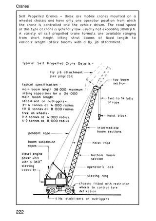 Self Propelled Cranes ~ these are mobile cranes mounted on a
wheeled chassis and have only one operator position from which
the crane is controlled and the vehicle driven. The road speed
of this type of crane is generally low, usually not exceeding 30km p.h.
A variety of self propelled crane formats are available ranging
from short height lifting strut booms of fixed length to
variable length lattice booms with a fly jib attachment.
222
Cranes
 