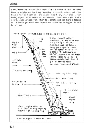 Lorry Mounted Lattice Jib Cranes ~ these cranes follow the same
basic principles as the lorry mounted telescopic cranes but they
have a lattice boom and are designed as heavy duty cranes with
lifting capacities in excess of 100 tonnes. These cranes will require
a firm, level surface from which to operate and can have a folding
or sectional jib which will require the crane to be rigged on site
before use.
224
Cranes
 