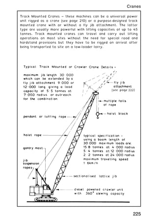 Track Mounted Cranes ~ these machines can be a universal power
unit rigged as a crane (see page 210) or a purpose-designed track
mounted crane with or without a fly jib attachment. The latter
type are usually more powerful with lifting capacities of up to 45
tonnes. Track mounted cranes can travel and carry out lifting
operations on most sites without the need for special road and
hardstand provisions but they have to be rigged on arrival after
being transported to site on a low-loader lorry.
225
Cranes
 