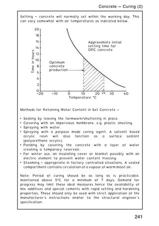 Setting ~ concrete will normally set within the working day. This
can vary somewhat with air temperatures as indicated below.
Approximate initial
setting time for
OPC concrete
Time
in
hours
20
†20 †10 0 10
Temperature ƒC
20 24 30 40
18
16
14
12
Optimum
concrete
production
10
8
6
4
2
0
Methods for Retaining Water Content in Set Concrete ~
• Sealing by leaving the formwork/shuttering in place.
• Covering with an impervious membrane, e.g. plastic sheeting.
• Spraying with water.
• Spraying with a purpose made curing agent. A solvent based
acrylic resin will also function as a surface sealant
(polyurethane acrylic).
• Ponding by covering the concrete with a layer of water
creating a temporary reservoir.
• For winter use, an insulating cover or blanket possibly with an
electric element to prevent water content freezing.
• Steaming † appropriate in factory controlled situations. A sealed
compartment contains circulation of a vapour of warm moist air.
Note: Period of curing should be as long as is practicable,
maintained above 5ƒC for a minimum of 7 days. Demand for
progress may limit these ideal measures hence the availability of
mix additives and special cements with rapid setting and hardening
properties. These should only be used with strict application of the
manufacturer's instructions and/or to the structural engineer's
specification.
Concrete --- Curing (2)
241
 