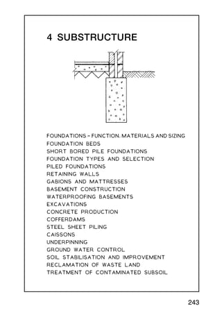 4 SUBSTRUCTURE
FOUNDATIONS † FUNCTION, MATERIALS AND SIZING
FOUNDATION BEDS
SHORT BORED PILE FOUNDATIONS
FOUNDATION TYPES AND SELECTION
PILED FOUNDATIONS
RETAINING WALLS
GABIONS AND MATTRESSES
BASEMENT CONSTRUCTION
WATERPROOFING BASEMENTS
EXCAVATIONS
CONCRETE PRODUCTION
COFFERDAMS
STEEL SHEET PILING
CAISSONS
UNDERPINNING
GROUND WATER CONTROL
SOIL STABILISATION AND IMPROVEMENT
RECLAMATION OF WASTE LAND
TREATMENT OF CONTAMINATED SUBSOIL
243
 