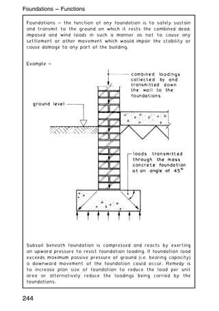 Foundations ~ the function of any foundation is to safely sustain
and transmit to the ground on which it rests the combined dead,
imposed and wind loads in such a manner as not to cause any
settlement or other movement which would impair the stability or
cause damage to any part of the building.
Subsoil beneath foundation is compressed and reacts by exerting
an upward pressure to resist foundation loading. If foundation load
exceeds maximum passive pressure of ground (i.e. bearing capacity)
a downward movement of the foundation could occur. Remedy is
to increase plan size of foundation to reduce the load per unit
area or alternatively reduce the loadings being carried by the
foundations.
244
Foundations --- Functions
 