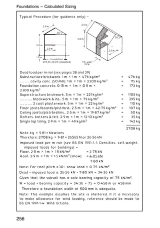 Typical Procedure (for guidance only) †
5.0 m
5.0 m
1.0 m
2.5 m
2.5 m
2.9 m
2.9 m
30°
30°
1 m wide
strip
foundation
0.15 m x 0.5 m (assumed)
Note: For roof pitch 30, snow load = 0„75 kN/m2
Dead + imposed load is 26„56 kN + 7„80 kN = 34„36 kN
Given that the subsoil has a safe bearing capacity of 75 kN/m2
,
W = load ÷ bearing capacity = 34„36 ÷ 75 = 0„458 m or 458 mm
Therefore a foundation width of 500 mm is adequate.
Note: This example assumes the site is sheltered. If it is necessary
to make allowance for wind loading, reference should be made to
BS EN 1991-1-4: Wind actions.
Dead load per m run (see pages 38 and 39)
Substructure brickwork, 1 m ✕ 1 m ✕ 476 kg/m2
= 476 kg
.. .. .. .. cavity conc. (50 mm), 1 m ✕ 1 m ✕ 2300 kg/m3
= 115 kg
Foundation concrete, 0„15 m ✕ 1 m ✕ 0„5 m ✕
2300 kg/m3
= 173 kg
Superstructure brickwork, 5 m ✕ 1 m ✕ 221 kg/m2
= 1105 kg
.. .. .. .. .. blockwork  ins., 5 m ✕ 1 m ✕ 79 kg/m2
= 395 kg
.. .. .. .. .. 2 coat plasterwork, 5 m ✕ 1 m ✕ 22 kg/m2
= 110 kg
Floor joists/boards/plstrbrd., 2„5 m ✕ 1 m ✕ 42„75 kg/m2
= 107 kg
Ceiling joists/plstrbrd/ins., 2„5 m ✕ 1 m ✕ 19„87 kg/m2
= 50 kg
Rafters, battens  felt, 2„9 m ✕ 1 m ✕ 12„10 kg/m2
= 35 kg
Single lap tiling, 2„9 m ✕ 1 m ✕ 49 kg/m2
= 142 kg
2708 kg
Note: kg ✕ 9„81 = Newtons
Therefore: 2708 kg ✕ 9„81 = 26565 N or 26„56 kN
Imposed load per m run (see BS EN 1991-1-1: Densities, self-weight,
imposed loads for buildings) †
Floor, 2„5 m ✕ 1 m ✕ 1„5 kN/m2
= 3„75 kN
Roof, 2„9 m ✕ 1 m ✕ 1„5 kN/m2
(snow) = 4„05 kN
7„80 kN
256
Foundations --- Calculated Sizing
 