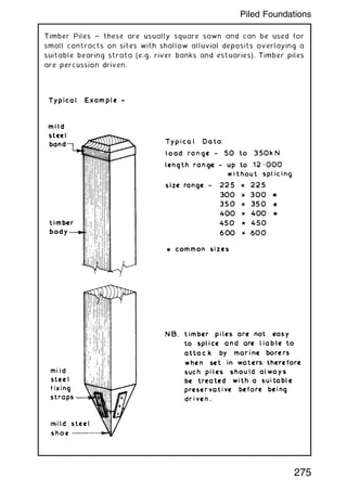 Timber Piles ~ these are usually square sawn and can be used for
small contracts on sites with shallow alluvial deposits overlaying a
suitable bearing strata (e.g. river banks and estuaries). Timber piles
are percussion driven.
275
Piled Foundations
 