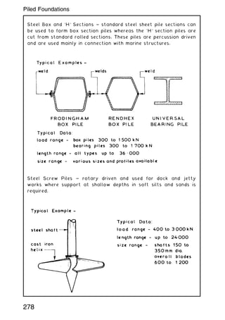 Steel Box and `H' Sections ~ standard steel sheet pile sections can
be used to form box section piles whereas the `H' section piles are
cut from standard rolled sections. These piles are percussion driven
and are used mainly in connection with marine structures.
Steel Screw Piles ~ rotary driven and used for dock and jetty
works where support at shallow depths in soft silts and sands is
required.
278
Piled Foundations
 