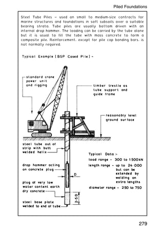 Steel Tube Piles ~ used on small to medium-size contracts for
marine structures and foundations in soft subsoils over a suitable
bearing strata. Tube piles are usually bottom driven with an
internal drop hammer. The loading can be carried by the tube alone
but it is usual to fill the tube with mass concrete to form a
composite pile. Reinforcement, except for pile cap bonding bars, is
not normally required.
279
Piled Foundations
 
