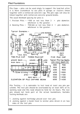 Pile Caps ~ piles can be used singly to support the load but often
it is more economical to use piles in groups or clusters linked
together with a reinforced concrete cap. The pile caps can also be
linked together with reinforced concrete ground beams.
The usual minimum spacing for piles is:
1 . Friction Piles † 1„100 or not less than 3 ✕ pile diameter,
whichever is the greater.
2. Bearing Piles † 750 mm or not less than 2 ✕ pile diameter,
whichever is the greater.
Pile Testing ~ it is advisable to test load at least one pile per
scheme. The test pile should be overloaded by at least 50% of its
working load and this load should be held for 24 hours. The test
pile should not form part of the actual foundations. Suitable
testing methods are:
1 . Jacking against kentledge placed over test pile.
2. Jacking against a beam fixed to anchor piles driven in on two
sides of the test pile.
286
Piled Foundations
 