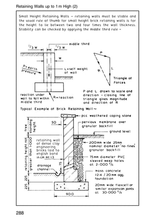 Small Height Retaining Walls ~ retaining walls must be stable and
the usual rule of thumb for small height brick retaining walls is for
the height to lie between two and four times the wall thickness.
Stability can be checked by applying the middle third rule †
288
Retaining Walls up to 1 m High (2)
 