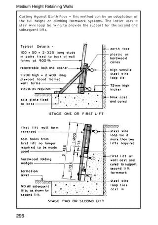 Casting Against Earth Face ~ this method can be an adaptation of
the full height or climbing formwork systems. The latter uses a
steel wire loop tie fixing to provide the support for the second and
subsequent lifts.
296
Medium Height Retaining Walls
 