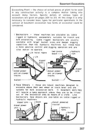 Excavating Plant ~ the choice of actual pieces of plant to be used
in any construction activity is a complex matter taking into
account many factors. Specific details of various types of
excavators are given on pages 209 to 213. At this stage it is only
necessary to consider basic types for particular operations. In the
context of basement excavation two forms of excavator could be
considered.
307
Basement Excavations
 