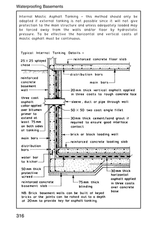 Internal Mastic Asphalt Tanking ~ this method should only be
adopted if external tanking is not possible since it will not give
protection to the main structure and unless adequately loaded may
be forced away from the walls and/or floor by hydrostatic
pressure. To be effective the horizontal and vertical coats of
mastic asphalt must be continuous.
316
Waterproofing Basements
 