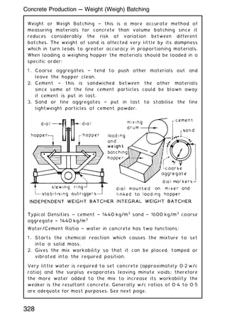 Weight or Weigh Batching ~ this is a more accurate method of
measuring materials for concrete than volume batching since it
reduces considerably the risk of variation between different
batches. The weight of sand is affected very little by its dampness
which in turn leads to greater accuracy in proportioning materials.
When loading a weighing hopper the materials should be loaded in a
specific order:
1 . Coarse aggregates † tend to push other materials out and
leave the hopper clean.
2. Cement † this is sandwiched between the other materials
since some of the fine cement particles could be blown away
if cement is put in last.
3. Sand or fine aggregates † put in last to stabilise the fine
lightweight particles of cement powder.
Typical Densities ~ cement † 1440 kg/m3
sand † 1600 kg/m3
coarse
aggregate † 1440 kg/m3
Water/Cement Ratio ~ water in concrete has two functions:
1 . Starts the chemical reaction which causes the mixture to set
into a solid mass.
2. Gives the mix workability so that it can be placed, tamped or
vibrated into the required position.
Very little water is required to set concrete (approximately 0„2 w/c
ratio) and the surplus evaporates leaving minute voids; therefore
the more water added to the mix to increase its workability the
weaker is the resultant concrete. Generally w/c ratios of 0„4 to 0„5
are adequate for most purposes. See next page.
328
Concrete Production --- Weight (Weigh) Batching
 