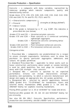 Concrete ~ a composite with many variables, represented by
numerous gradings which indicate components, quality and
manufacturing control.
Grade mixes: C7.5, C10, C15, C20, C25, C30, C35, C40, C45, C50,
C55 and C60; F3, F4 and F5; IT2, IT2.5, and IT3.
C = Characteristic compressive
F = Flexural
IT = Indirect tensile
NB. If the grade is followed by a `P', e.g. C30P, this indicates a
prescribed mix (see below).
Grades C7.5 and C10 † Unreinforced plain concrete.
Grades C15 and C20 † Plain concrete or if reinforced containing
lightweight aggregate.
Grades C25 † Reinforced concrete containing dense
aggregate.
Grades C30 and C35 † Post-tensioned reinforced concrete.
Grades C40 to C60 † Pre-tensioned reinforced concrete.
Categories of mix:
1 . Prescribed Mix † components are predetermined (to a recipe)
to ensure strength requirements. Variations exist to allow the
purchaser to specify particular aggregates, admixtures and
colours. All grades permitted.
2. Standard Prescribed Mix † applicable to minor works such as
house construction, particularly where weight or volume batching
is used for small quantities. See next page for standard (ST)
mixes with C30 strength class concrete.
3. Designed Mix † concrete is specified to an expected
performance. Criteria can include characteristic strength,
durability and workability, to which a concrete manufacturer will
design and supply an appropriate mix. All grades permitted.
4. Designated Mix † selected for specific applications. General
(GEN) graded 0†4, 7„5†25 N/mm2
for foundations, floors and
external works. Foundations (FND) graded 2, 3, 4A and 4B,
35N/mm2
mainly for sulphate resisting foundations.
Paving (PAV) graded 1 or 2, 35 or 45 N/mm2
for roads and drives.
Reinforced (RC) graded 30, 35, 40, 45 and 50 N/mm2
mainly for
pre-stressing.
See also BS EN 206-1: Concrete. Specification, performance,
production and conformity, and BS's 8500-1 and -2: Concrete.
)
strengths at 28 days (N/mm2
)
330
Concrete Production --- Specification
 