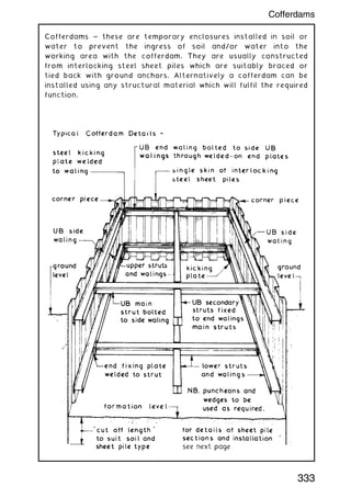 Cofferdams ~ these are temporary enclosures installed in soil or
water to prevent the ingress of soil and/or water into the
working area with the cofferdam. They are usually constructed
from interlocking steel sheet piles which are suitably braced or
tied back with ground anchors. Alternatively a cofferdam can be
installed using any structural material which will fulfil the required
function.
333
Cofferdams
 