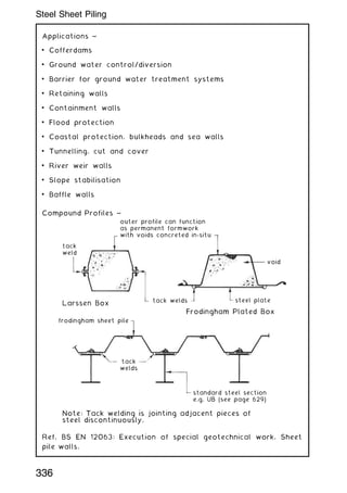 Applications ~
• Cofferdams
• Ground water control/diversion
• Barrier for ground water treatment systems
• Retaining walls
• Containment walls
• Flood protection
• Coastal protection, bulkheads and sea walls
• Tunnelling, cut and cover
• River weir walls
• Slope stabilisation
• Baffle walls
Compound Profiles ~
outer profile can function
as permanent formwork
with voids concreted in-situ
Larssen Box
Note: Tack welding is jointing adjacent pieces of
steel discontinuously.
Frodingham Plated Box
frodingham sheet pile
tack
weld
tack
welds
standard steel section
e.g. UB (see page 629)
tack welds steel plate
void
Ref. BS EN 12063: Execution of special geotechnical work. Sheet
pile walls.
336
Steel Sheet Piling
 