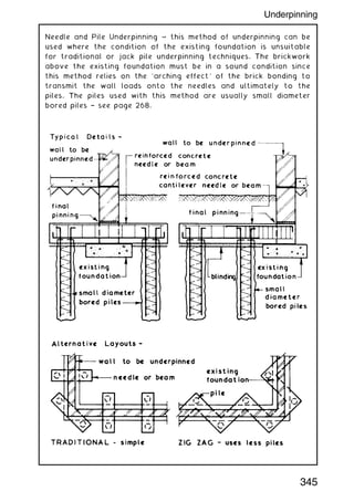 Needle and Pile Underpinning ~ this method of underpinning can be
used where the condition of the existing foundation is unsuitable
for traditional or jack pile underpinning techniques. The brickwork
above the existing foundation must be in a sound condition since
this method relies on the `arching effect' of the brick bonding to
transmit the wall loads onto the needles and ultimately to the
piles. The piles used with this method are usually small diameter
bored piles † see page 268.
345
Underpinning
 