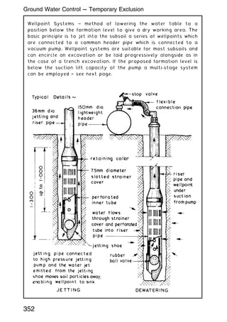 Wellpoint Systems ~ method of lowering the water table to a
position below the formation level to give a dry working area. The
basic principle is to jet into the subsoil a series of wellpoints which
are connected to a common header pipe which is connected to a
vacuum pump. Wellpoint systems are suitable for most subsoils and
can encircle an excavation or be laid progressively alongside as in
the case of a trench excavation. If the proposed formation level is
below the suction lift capacity of the pump a multi-stage system
can be employed † see next page.
352
Ground Water Control --- Temporary Exclusion
 