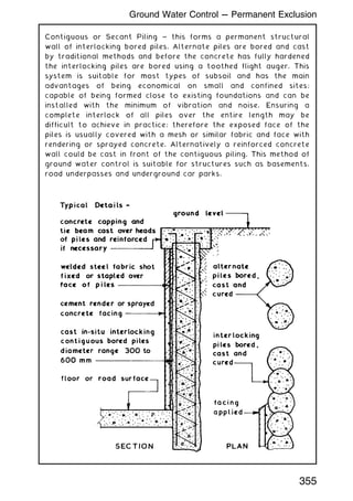 Contiguous or Secant Piling ~ this forms a permanent structural
wall of interlocking bored piles. Alternate piles are bored and cast
by traditional methods and before the concrete has fully hardened
the interlocking piles are bored using a toothed flight auger. This
system is suitable for most types of subsoil and has the main
advantages of being economical on small and confined sites;
capable of being formed close to existing foundations and can be
installed with the minimum of vibration and noise. Ensuring a
complete interlock of all piles over the entire length may be
difficult to achieve in practice; therefore the exposed face of the
piles is usually covered with a mesh or similar fabric and face with
rendering or sprayed concrete. Alternatively a reinforced concrete
wall could be cast in front of the contiguous piling. This method of
ground water control is suitable for structures such as basements,
road underpasses and underground car parks.
355
Ground Water Control --- Permanent Exclusion
 