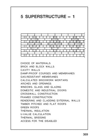 5 SUPERSTRUCTURE † 1
CHOICE OF MATERIALS
BRICK AND BLOCK WALLS
CAVITY WALLS
DAMP-PROOF COURSES AND MEMBRANES
GAS-RESISTANT MEMBRANES
CALCULATED BRICKWORK MORTARS
ARCHES AND OPENINGS
WINDOWS, GLASS AND GLAZING
DOMESTIC AND INDUSTRIAL DOORS
CROSSWALL CONSTRUCTION
FRAMED CONSTRUCTION
RENDERING AND CLADDING EXTERNAL WALLS
TIMBER PITCHED AND FLAT ROOFS
GREEN ROOFS
THERMAL INSULATION
U-VALUE CALCULATION
THERMAL BRIDGING
ACCESS FOR THE DISABLED
369
 