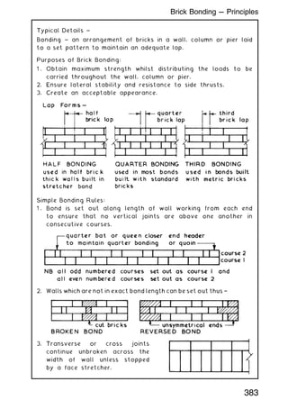 Typical Details ~
Bonding ~ an arrangement of bricks in a wall, column or pier laid
to a set pattern to maintain an adequate lap.
Purposes of Brick Bonding:
1 . Obtain maximum strength whilst distributing the loads to be
carried throughout the wall, column or pier.
2. Ensure lateral stability and resistance to side thrusts.
3. Create an acceptable appearance.
Simple Bonding Rules:
1 . Bond is set out along length of wall working from each end
to ensure that no vertical joints are above one another in
consecutive courses.
2. Walls which are not in exact bond length can be set out thus †
3. Transverse or cross joints
continue unbroken across the
width of wall unless stopped
by a face stretcher.
383
Brick Bonding --- Principles
 